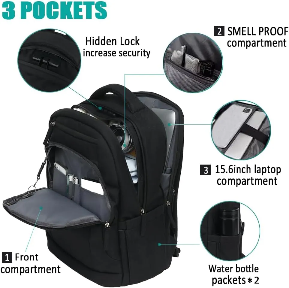 Smell Proof Backpack with Lock,Water Resistant Smell Proof Bags Travel Laptop Backpack,Large Capacity Carbon Enduring Smell Proof Stash Bag with Lock for Men Women (Black)