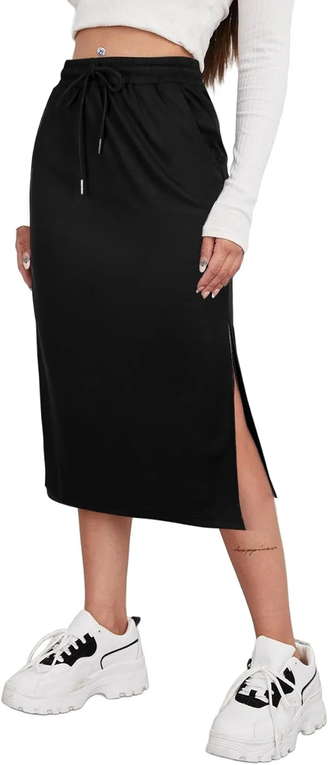 SOFIA'S CHOICE Women's Midi Skirt Drawstring High Waist Slit Skirts with Pockets