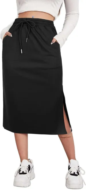 SOFIA'S CHOICE Women's Midi Skirt Drawstring High Waist Slit Skirts with Pockets