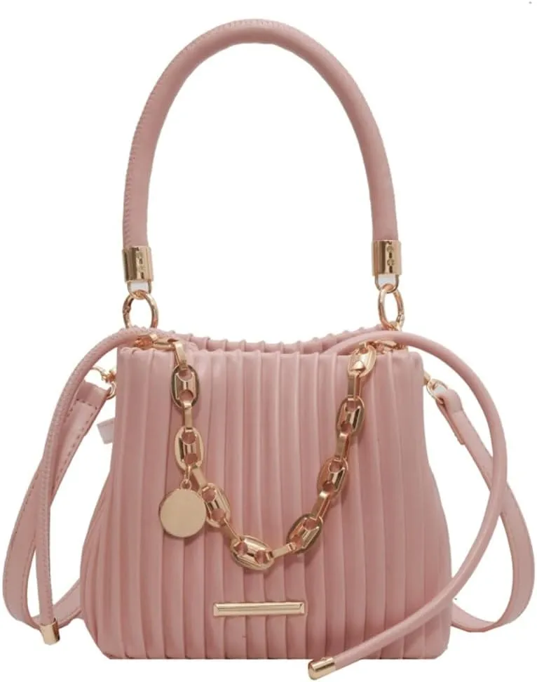 Soft Bucket Crossbody Bag for Women Small Purse Trendy Pleated PU Leather Shoulder Totes Hnadbag Satchel with Chain