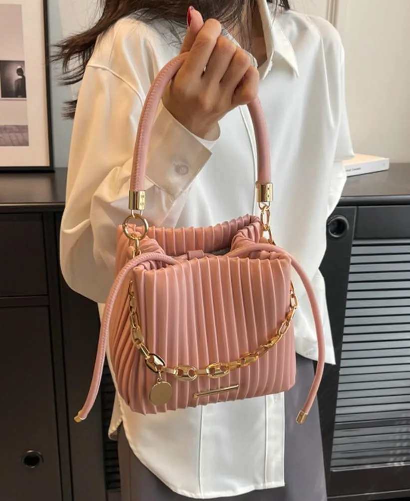Soft Bucket Crossbody Bag for Women Small Purse Trendy Pleated PU Leather Shoulder Totes Hnadbag Satchel with Chain