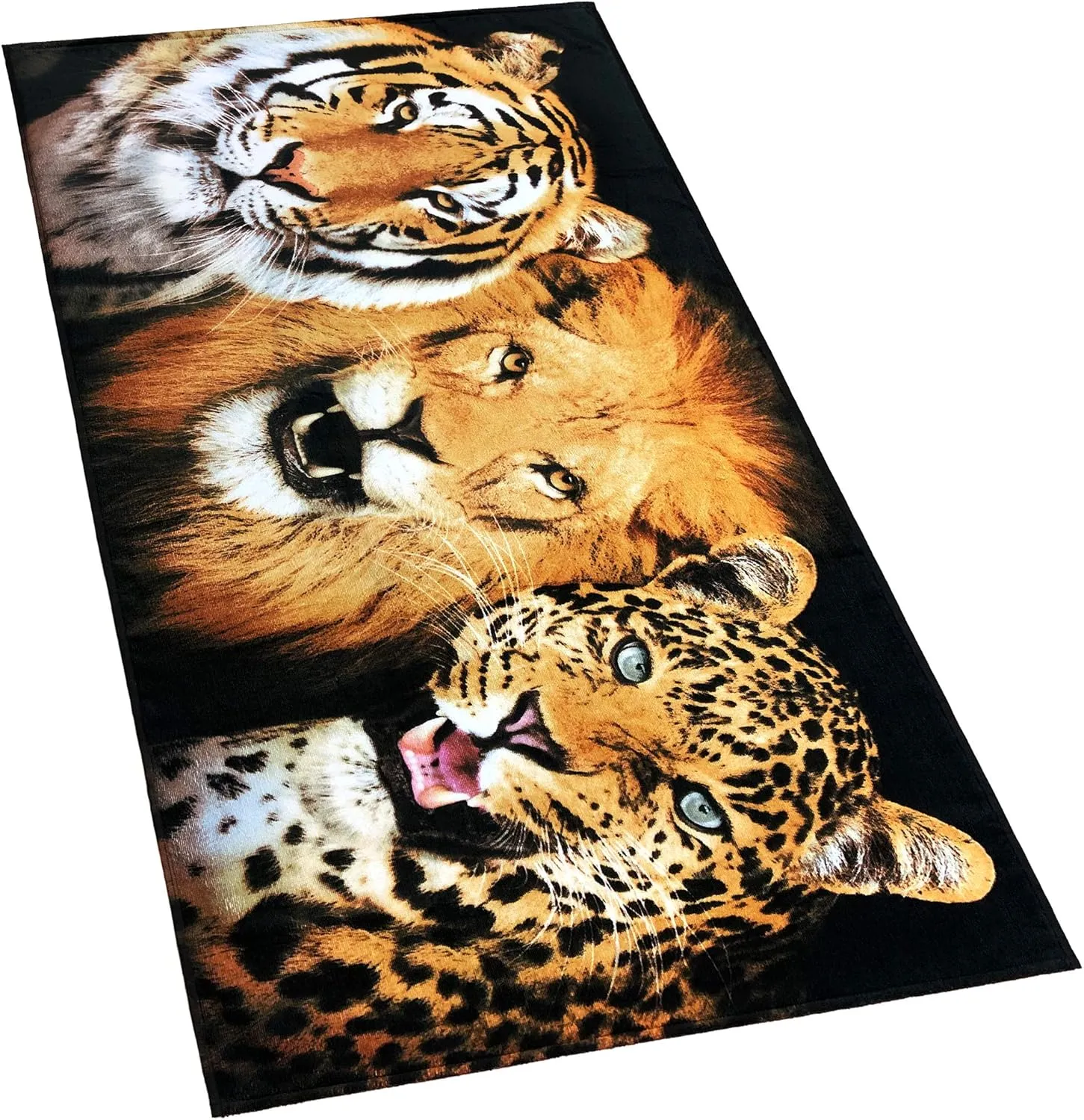 Softerry Big Cats Beach Towel 30 x 60 inches Wild Felines Lion, Bengal Tiger and Leopard Jaguar 100% Cotton