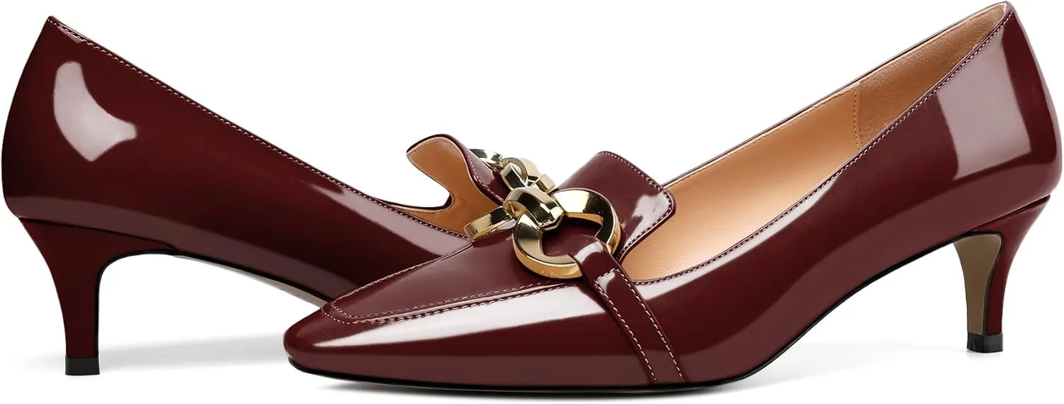 Soireelady Women’s Kitten Heel Pumps Square Toe Low Heel Shoes Metal Buckle Design Slip On Heels Classic Retro Comfort Office Formal Shoes 2Inch