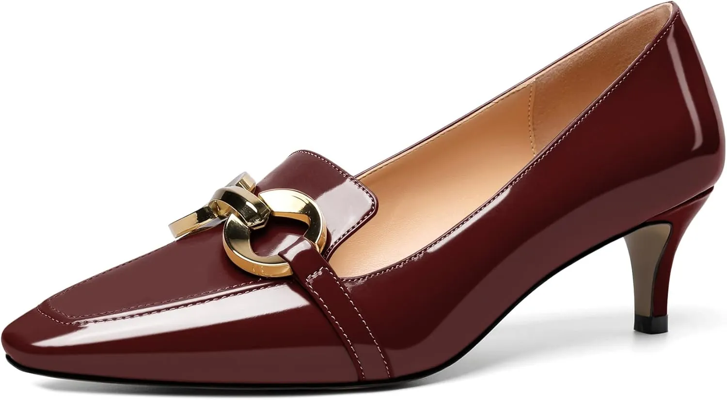 Soireelady Women’s Kitten Heel Pumps Square Toe Low Heel Shoes Metal Buckle Design Slip On Heels Classic Retro Comfort Office Formal Shoes 2Inch