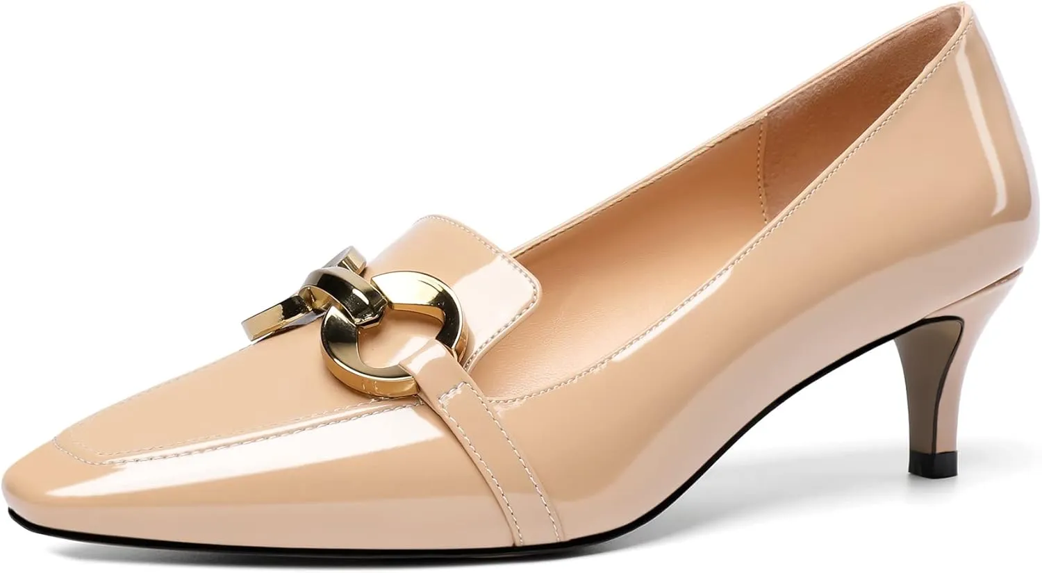 Soireelady Women’s Kitten Heel Pumps Square Toe Low Heel Shoes Metal Buckle Design Slip On Heels Classic Retro Comfort Office Formal Shoes 2Inch