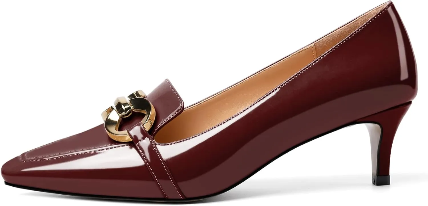 Soireelady Women’s Kitten Heel Pumps Square Toe Low Heel Shoes Metal Buckle Design Slip On Heels Classic Retro Comfort Office Formal Shoes 2Inch