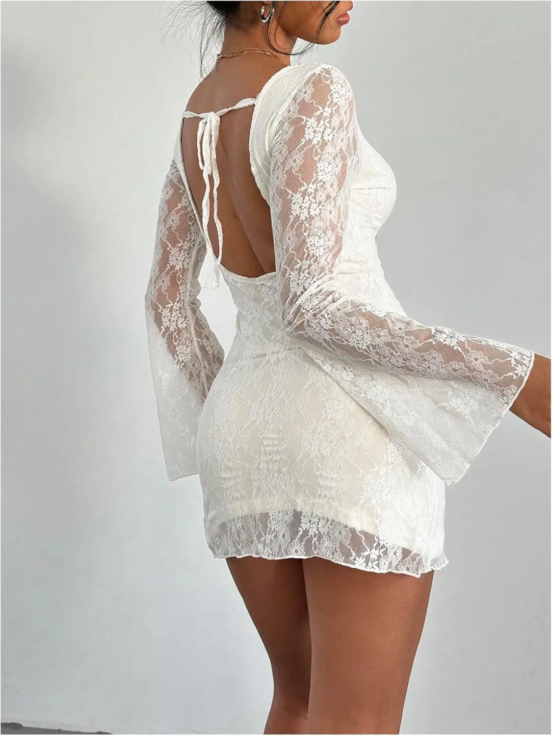 SOLY HUX Women's Lace Mini Dress Tie Backless Bell Long Sleeve Crew Neck Bodycon Dresses