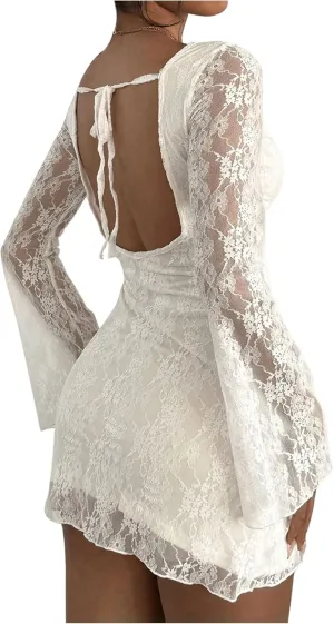 SOLY HUX Women's Lace Mini Dress Tie Backless Bell Long Sleeve Crew Neck Bodycon Dresses