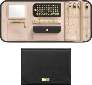 SONGMICS HOME Travel Jewelry Case, Foldable Jewelry Organizer with Mirror, Sectioned Storage, Large Capacity, Woven Embossed PU Leather, Gift Idea, Ink Black UJBC196B01