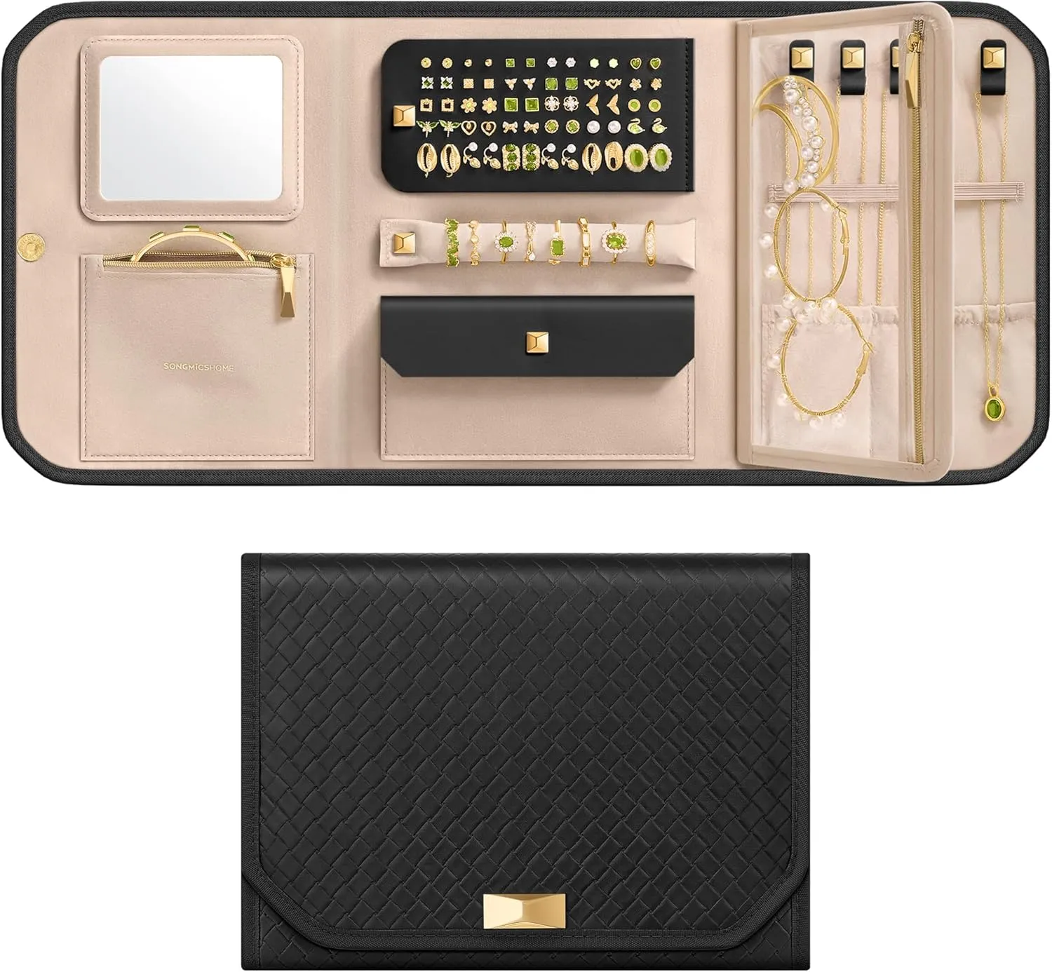 SONGMICS HOME Travel Jewelry Case, Foldable Jewelry Organizer with Mirror, Sectioned Storage, Large Capacity, Woven Embossed PU Leather, Gift Idea, Ink Black UJBC196B01