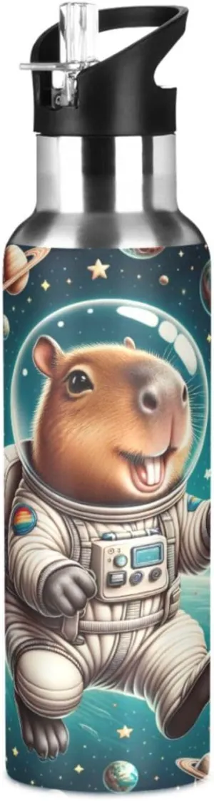 Space Capybara Cartoon Water Bottles Leakproof & BPA-Free Stainless Steel Insulated Water Bottle with Straw Lid for Sports, Gym, Outdoor, 20 OZ