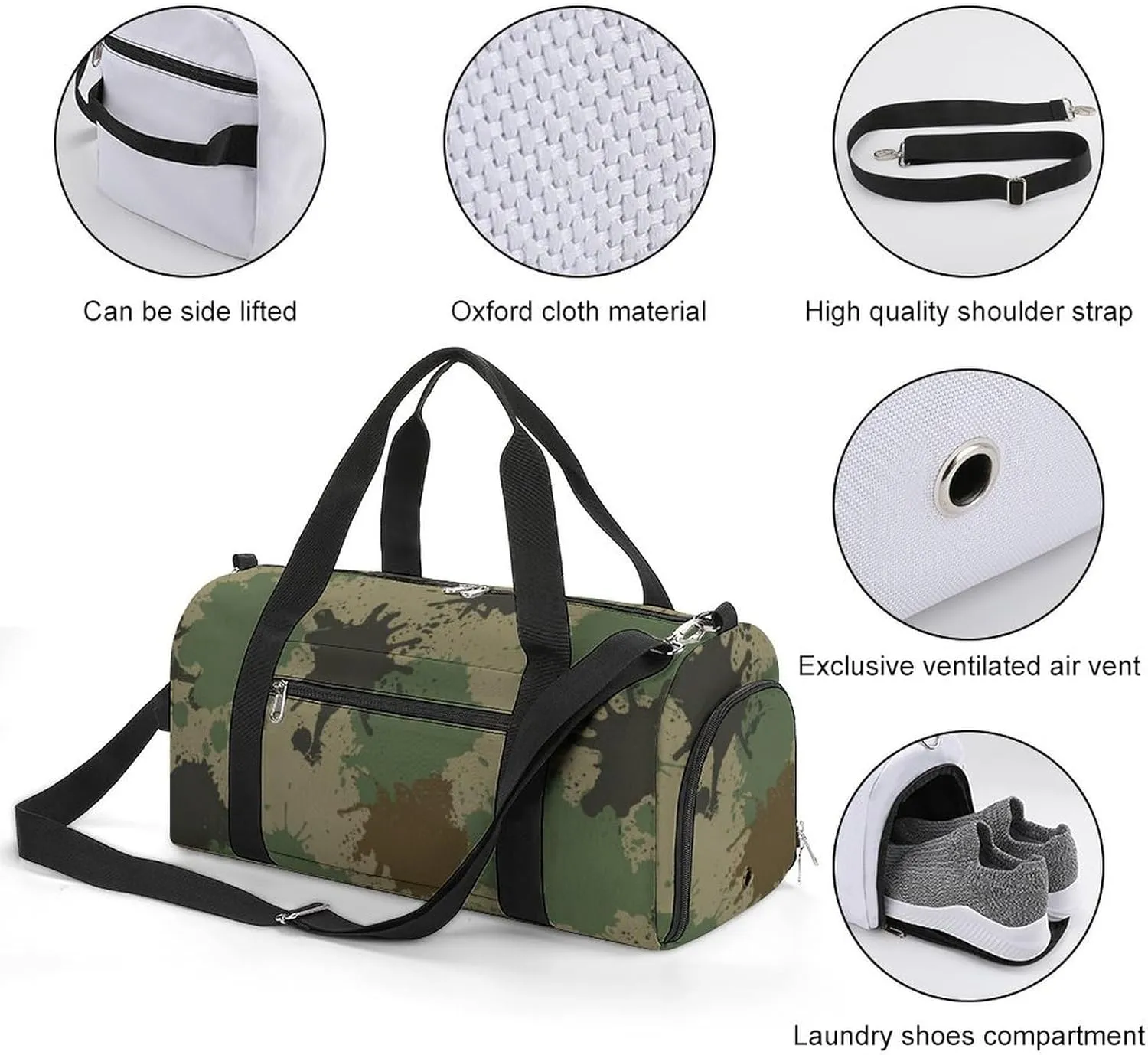 Splash Camouflage Fitness Large Gym Bag for Unisex with Shoe Compartment & Wet Pocket