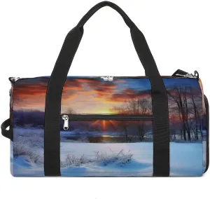 Sport Gym Bag for Women Men with Shoes Compartment And Wet Pocket,Winter Sunrise Sunset Landscape Travel Duffel Bag for Travel, Sports, Fitness, Workout
