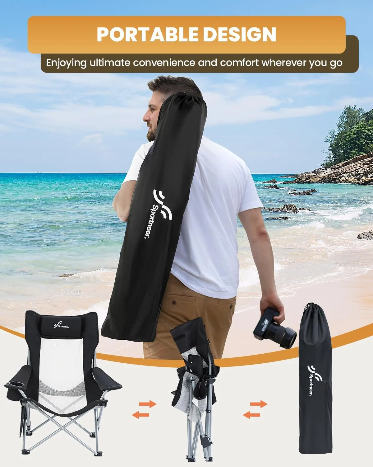 Sportneer Beach Chair: Adjustable Folding Chair with Cup Holder & Side Pocket - Portable & Compact Beach Chairs for Adults with Reclining Positions for Camping Picnic and Outdoor, Black 2 Pack
