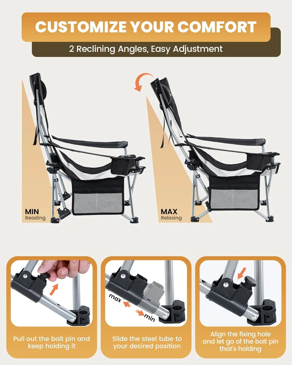 Sportneer Beach Chair: Adjustable Folding Chair with Cup Holder & Side Pocket - Portable & Compact Beach Chairs for Adults with Reclining Positions for Camping Picnic and Outdoor, Black 2 Pack