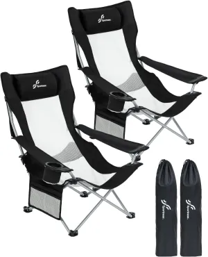 Sportneer Beach Chair: Adjustable Folding Chair with Cup Holder & Side Pocket - Portable & Compact Beach Chairs for Adults with Reclining Positions for Camping Picnic and Outdoor, Black 2 Pack