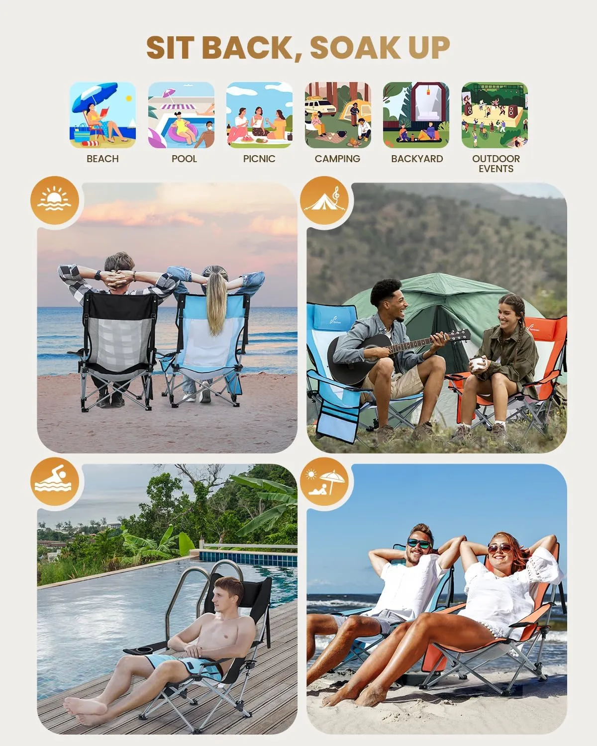 Sportneer Beach Chair: Adjustable Folding Chair with Cup Holder & Side Pocket - Portable & Compact Beach Chairs for Adults with Reclining Positions for Camping Picnic and Outdoor, Black 2 Pack