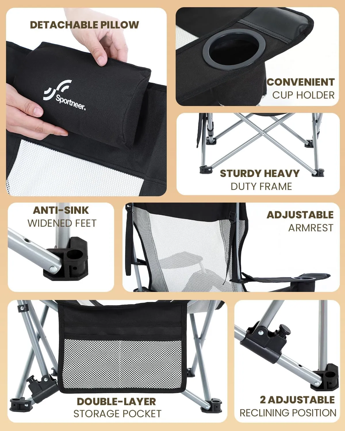 Sportneer Beach Chair: Adjustable Folding Chair with Cup Holder & Side Pocket - Portable & Compact Beach Chairs for Adults with Reclining Positions for Camping Picnic and Outdoor, Black 2 Pack