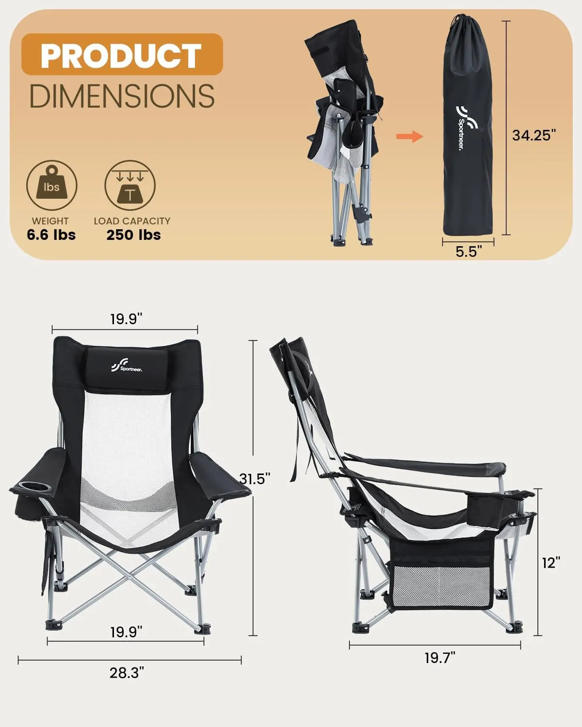 Sportneer Beach Chair: Adjustable Folding Chair with Cup Holder & Side Pocket - Portable & Compact Beach Chairs for Adults with Reclining Positions for Camping Picnic and Outdoor, Black 2 Pack