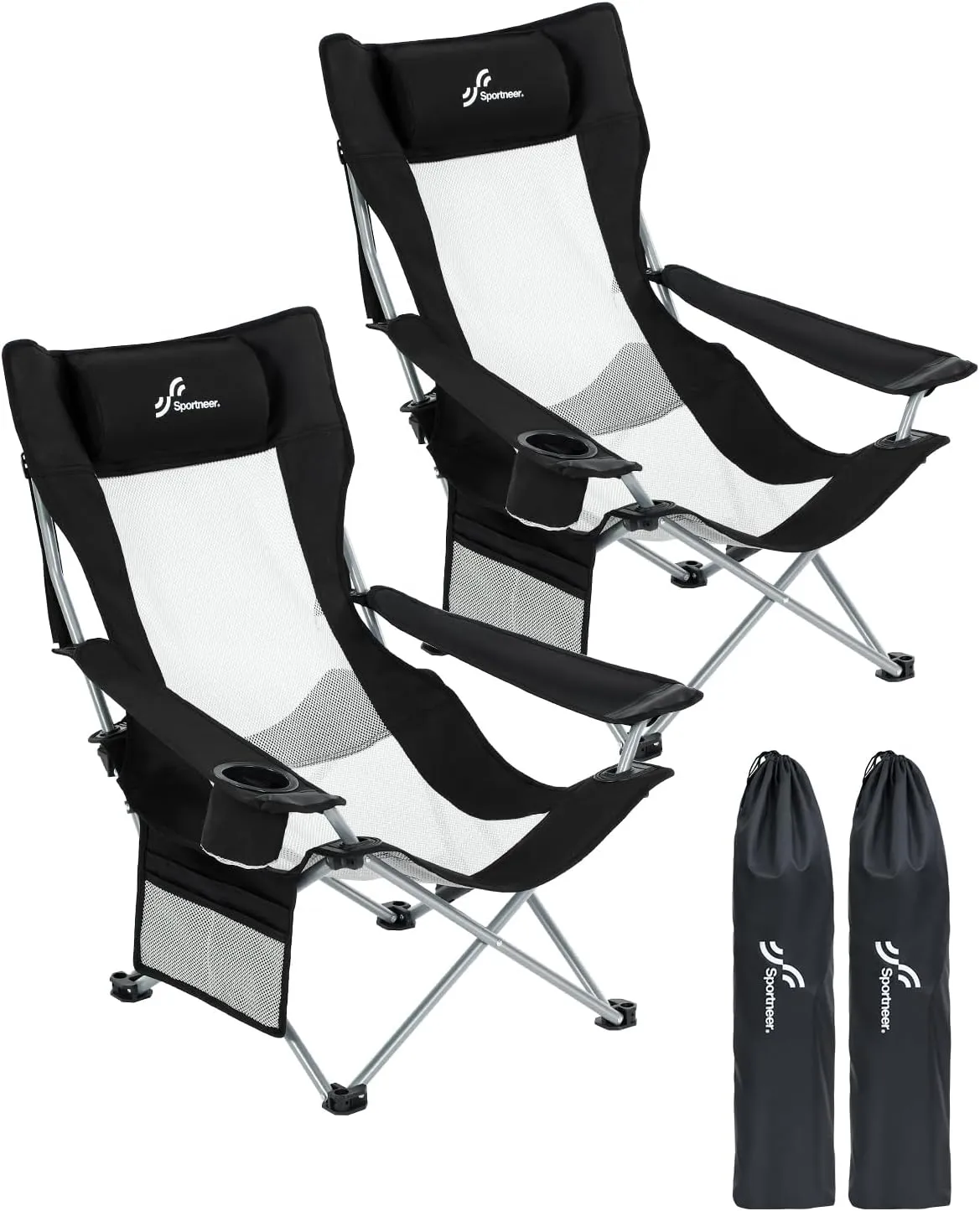Sportneer Beach Chair: Adjustable Folding Chair with Cup Holder & Side Pocket - Portable & Compact Beach Chairs for Adults with Reclining Positions for Camping Picnic and Outdoor, Black 2 Pack