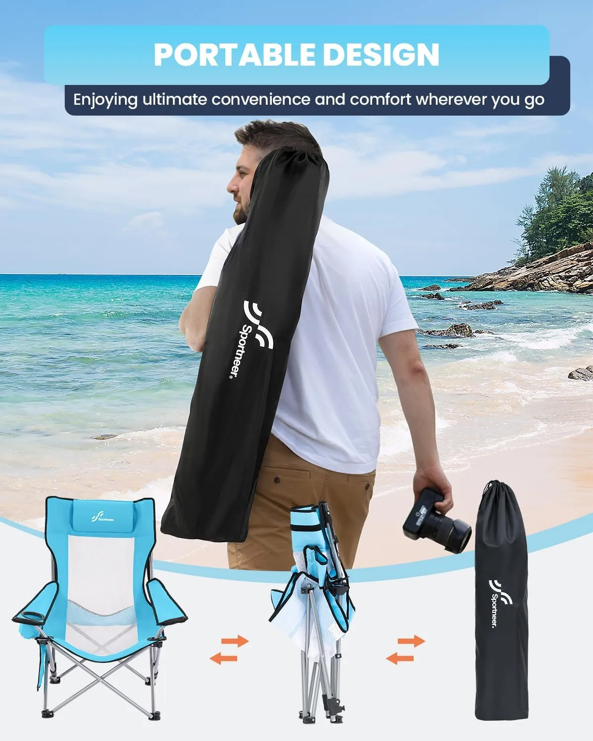 Sportneer Beach Chair: Adjustable Folding Chair with Cup Holder & Side Pocket - Portable & Compact Beach Chairs for Adults with Reclining Positions for Camping Picnic and Outdoor, Blue 2 Pack