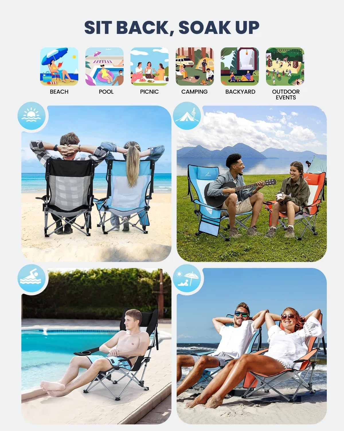Sportneer Beach Chair: Adjustable Folding Chair with Cup Holder & Side Pocket - Portable & Compact Beach Chairs for Adults with Reclining Positions for Camping Picnic and Outdoor, Blue 2 Pack
