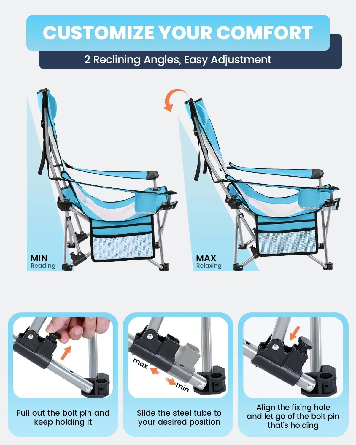 Sportneer Beach Chair: Adjustable Folding Chair with Cup Holder & Side Pocket - Portable & Compact Beach Chairs for Adults with Reclining Positions for Camping Picnic and Outdoor, Blue 2 Pack