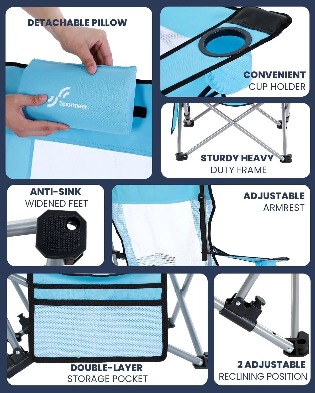 Sportneer Beach Chair: Adjustable Folding Chair with Cup Holder & Side Pocket - Portable & Compact Beach Chairs for Adults with Reclining Positions for Camping Picnic and Outdoor, Blue 2 Pack