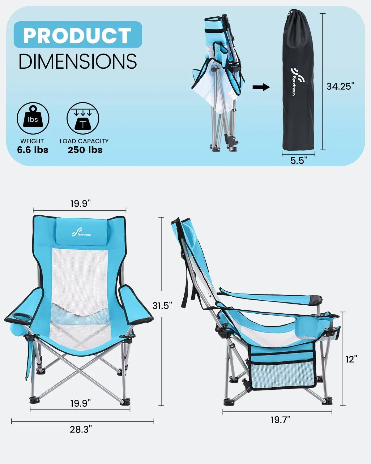 Sportneer Beach Chair: Adjustable Folding Chair with Cup Holder & Side Pocket - Portable & Compact Beach Chairs for Adults with Reclining Positions for Camping Picnic and Outdoor, Blue 2 Pack