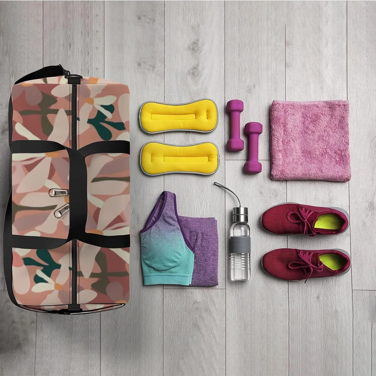 Sports Gym Bag for Women and Men Waterproof Abstract Flowers Pink Duffel Bag Lightweight Carryon Traveling Boarding Gripsack