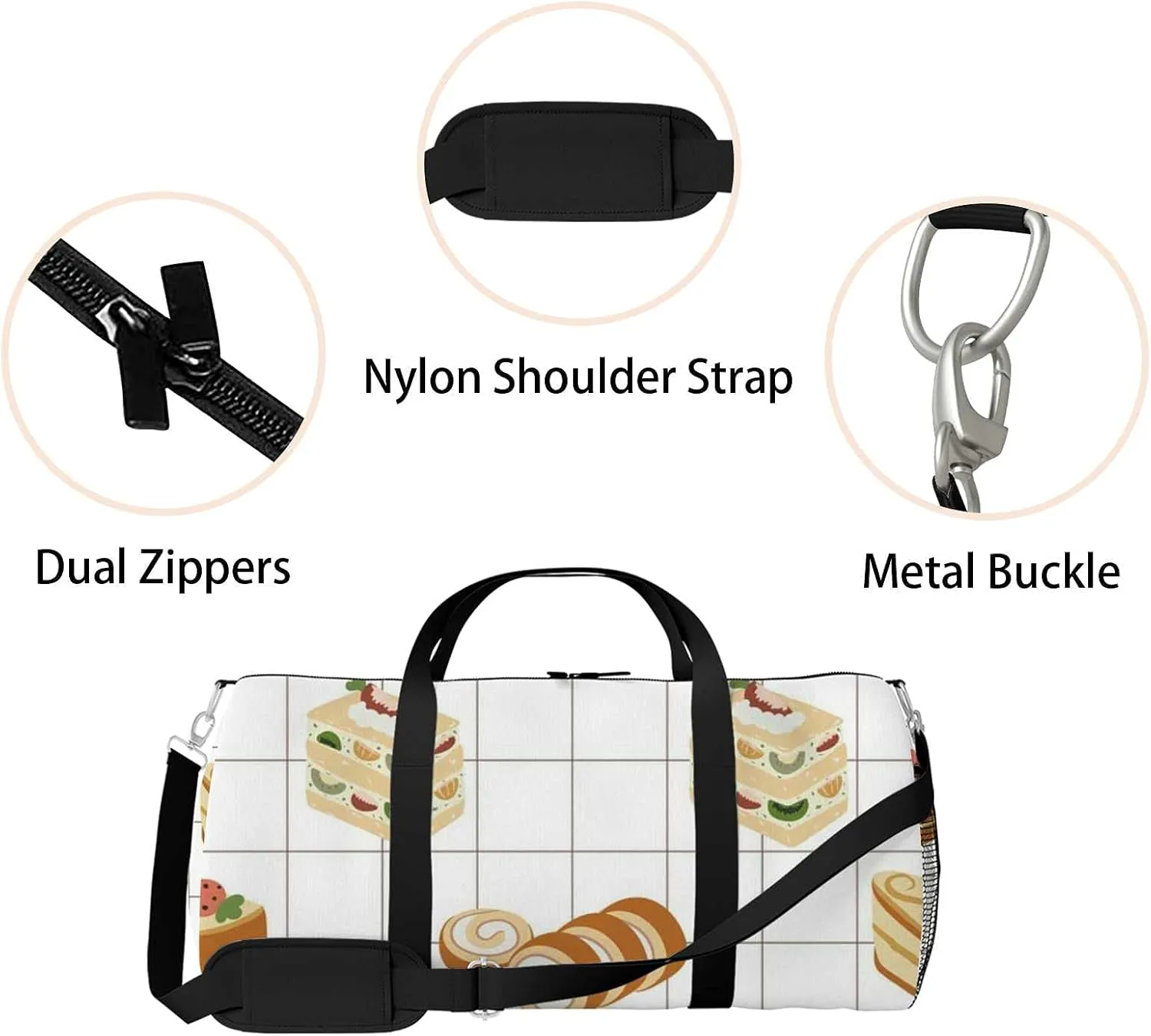 Sports Gym Bag for Women and Men Waterproof Bakery Food Illustration Fruit Cake Castella Duffel Bag Lightweight Carryon Traveling Boarding Gripsack