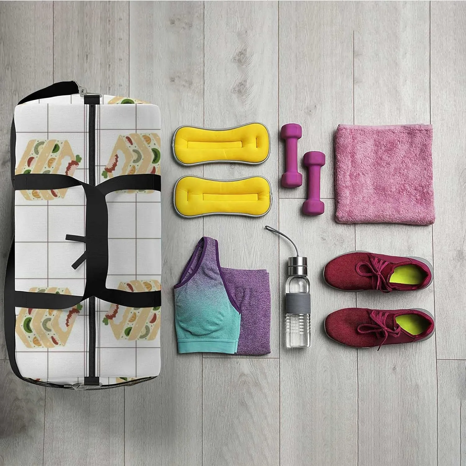 Sports Gym Bag for Women and Men Waterproof Bakery Food Illustration Fruit Cake Castella Duffel Bag Lightweight Carryon Traveling Boarding Gripsack