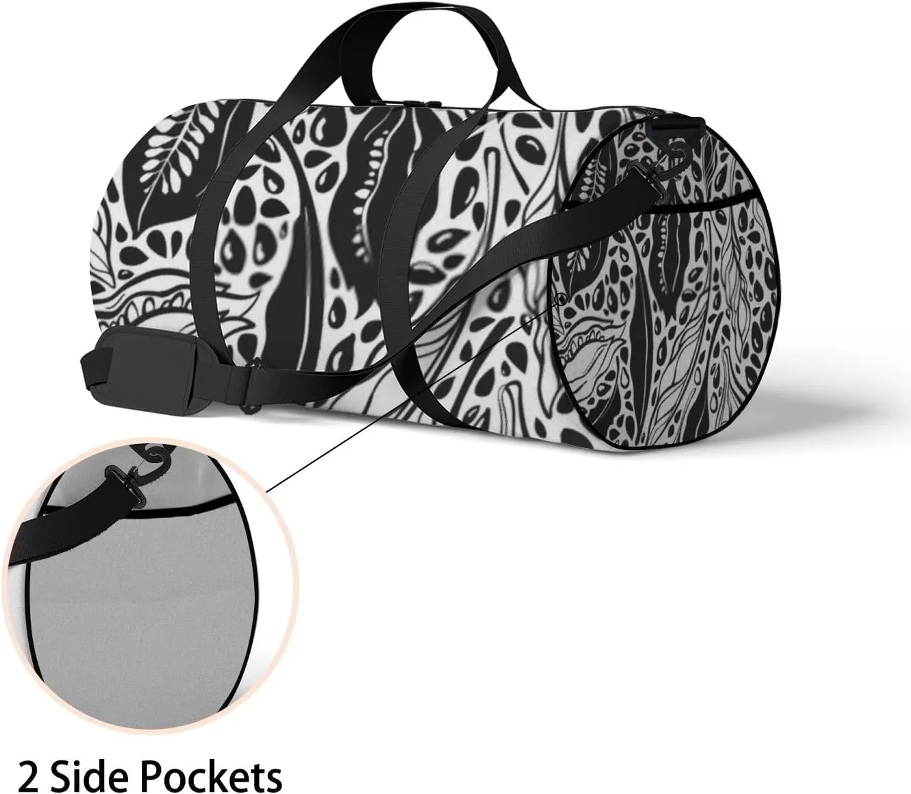 Sports Gym Bag for Women and Men Waterproof Black Seed Sketch Pattern Duffel Bag Lightweight Carryon Traveling Boarding Gripsack