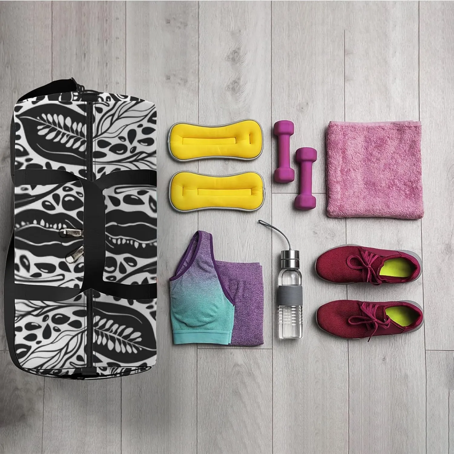 Sports Gym Bag for Women and Men Waterproof Black Seed Sketch Pattern Duffel Bag Lightweight Carryon Traveling Boarding Gripsack
