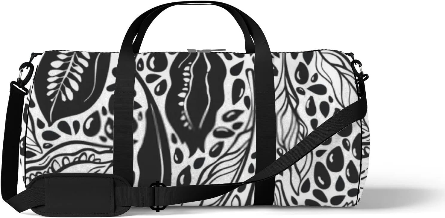 Sports Gym Bag for Women and Men Waterproof Black Seed Sketch Pattern Duffel Bag Lightweight Carryon Traveling Boarding Gripsack