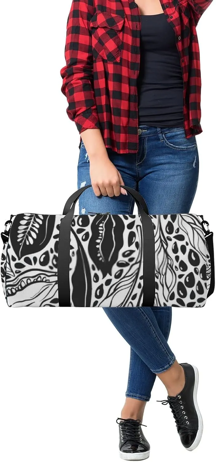 Sports Gym Bag for Women and Men Waterproof Black Seed Sketch Pattern Duffel Bag Lightweight Carryon Traveling Boarding Gripsack