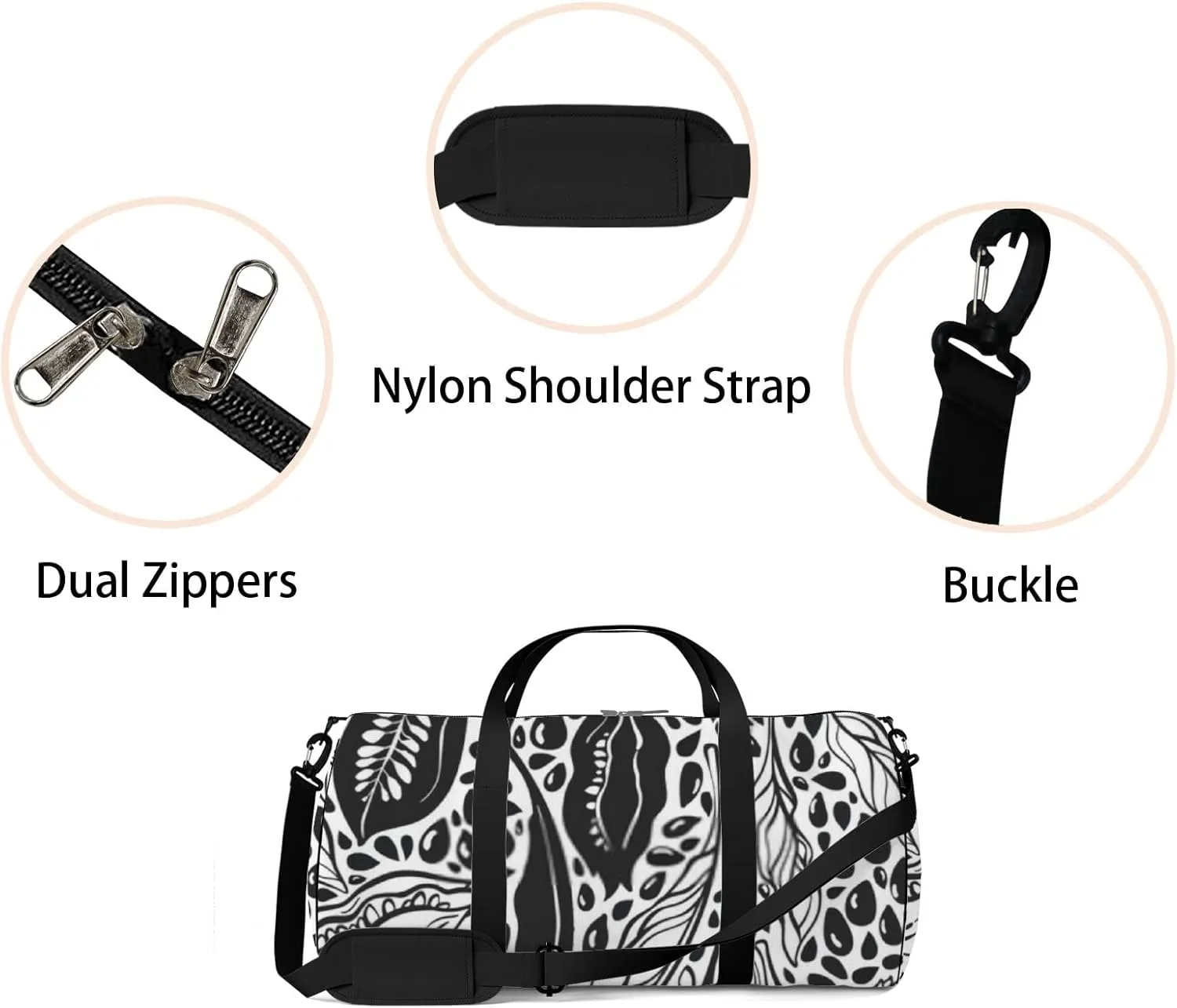 Sports Gym Bag for Women and Men Waterproof Black Seed Sketch Pattern Duffel Bag Lightweight Carryon Traveling Boarding Gripsack