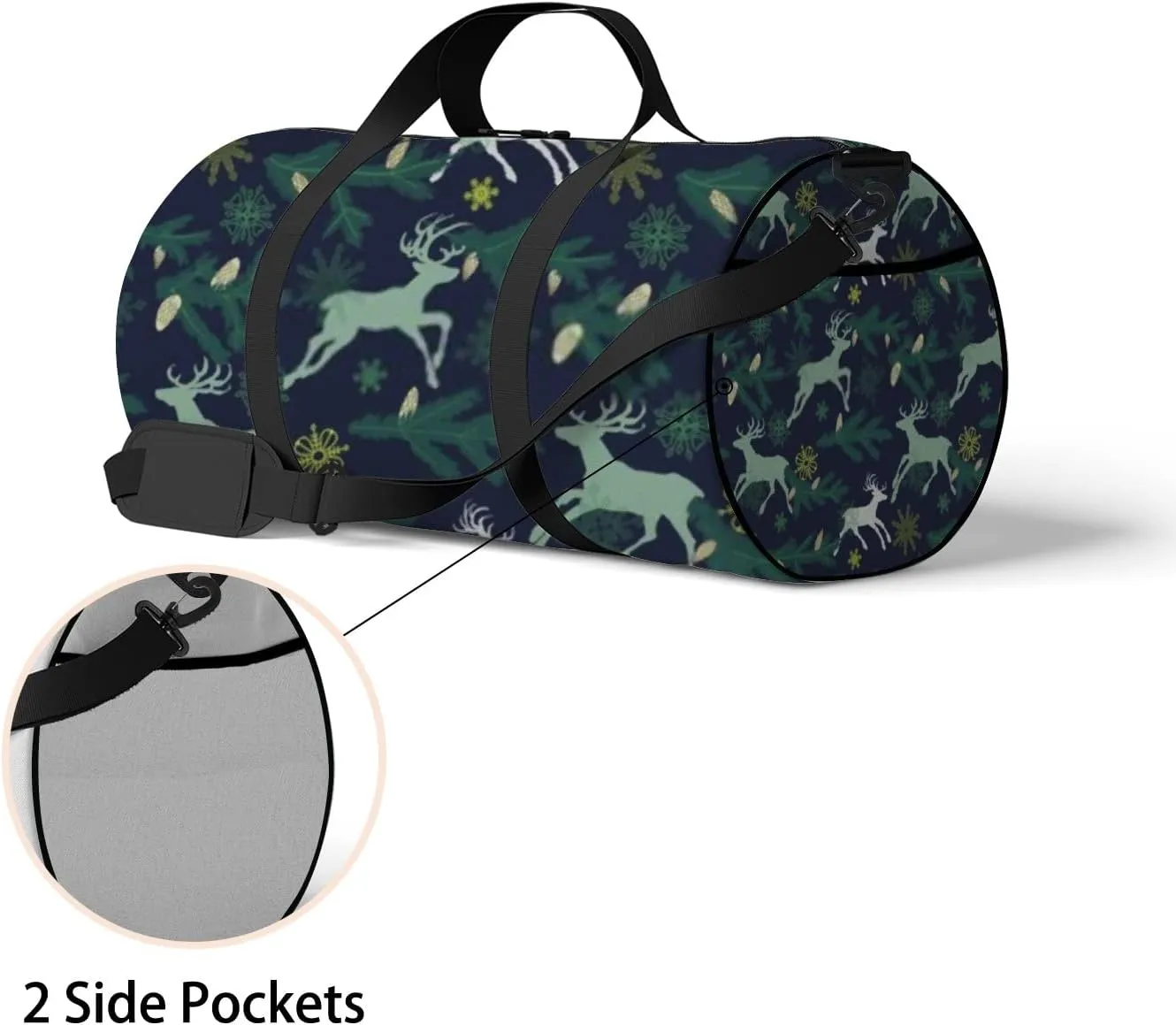 Sports Gym Bag for Women and Men Waterproof Christmas Deers Pine Tree Twigs Snowflakes Dark Green Duffel Bag Lightweight Carryon Traveling Boarding Gripsack