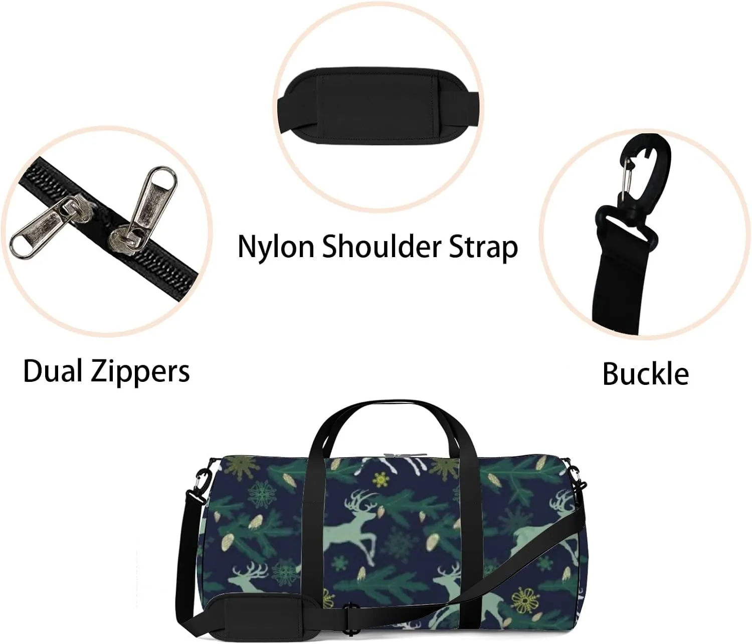 Sports Gym Bag for Women and Men Waterproof Christmas Deers Pine Tree Twigs Snowflakes Dark Green Duffel Bag Lightweight Carryon Traveling Boarding Gripsack