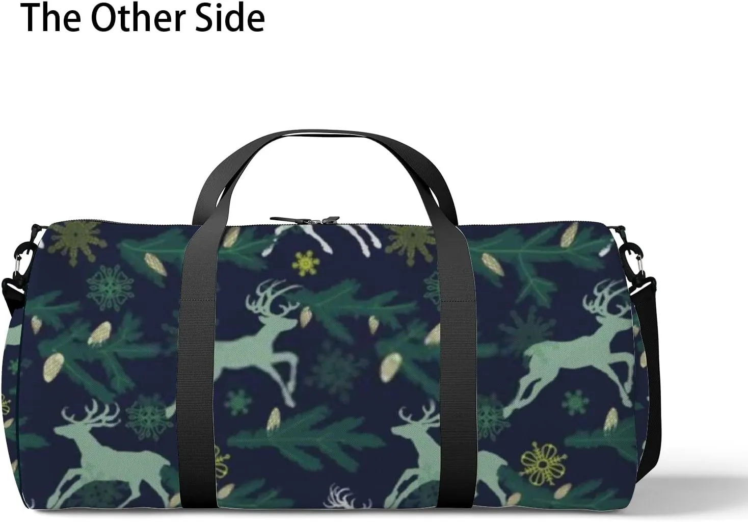 Sports Gym Bag for Women and Men Waterproof Christmas Deers Pine Tree Twigs Snowflakes Dark Green Duffel Bag Lightweight Carryon Traveling Boarding Gripsack
