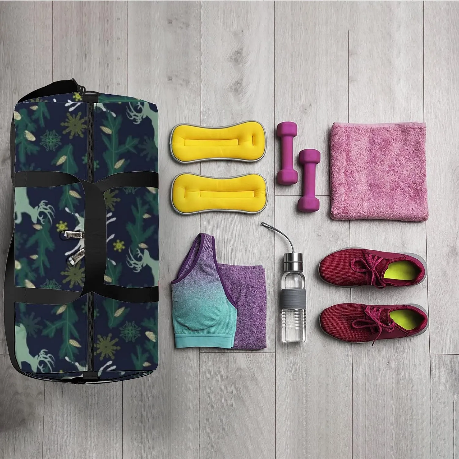 Sports Gym Bag for Women and Men Waterproof Christmas Deers Pine Tree Twigs Snowflakes Dark Green Duffel Bag Lightweight Carryon Traveling Boarding Gripsack