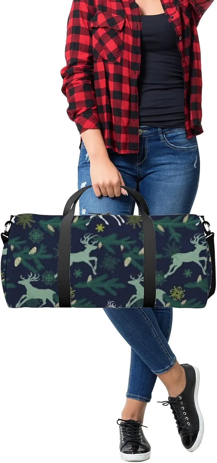 Sports Gym Bag for Women and Men Waterproof Christmas Deers Pine Tree Twigs Snowflakes Dark Green Duffel Bag Lightweight Carryon Traveling Boarding Gripsack