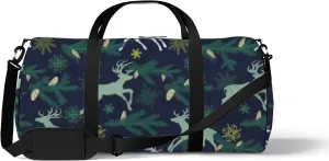 Sports Gym Bag for Women and Men Waterproof Christmas Deers Pine Tree Twigs Snowflakes Dark Green Duffel Bag Lightweight Carryon Traveling Boarding Gripsack