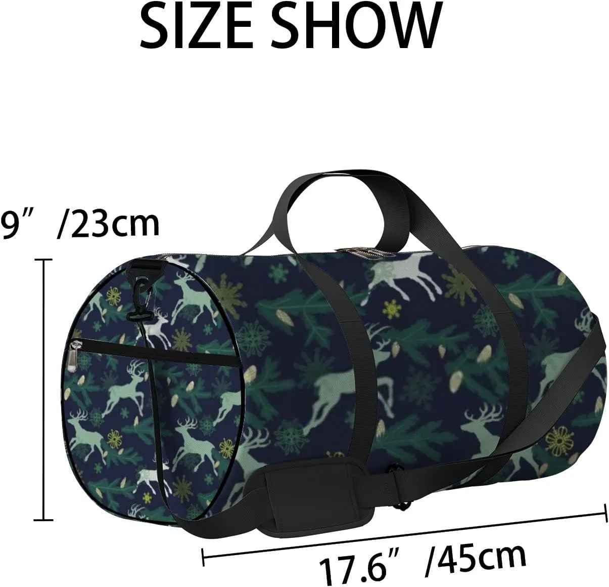 Sports Gym Bag for Women and Men Waterproof Christmas Deers Pine Tree Twigs Snowflakes Dark Green Duffel Bag Lightweight Carryon Traveling Boarding Gripsack