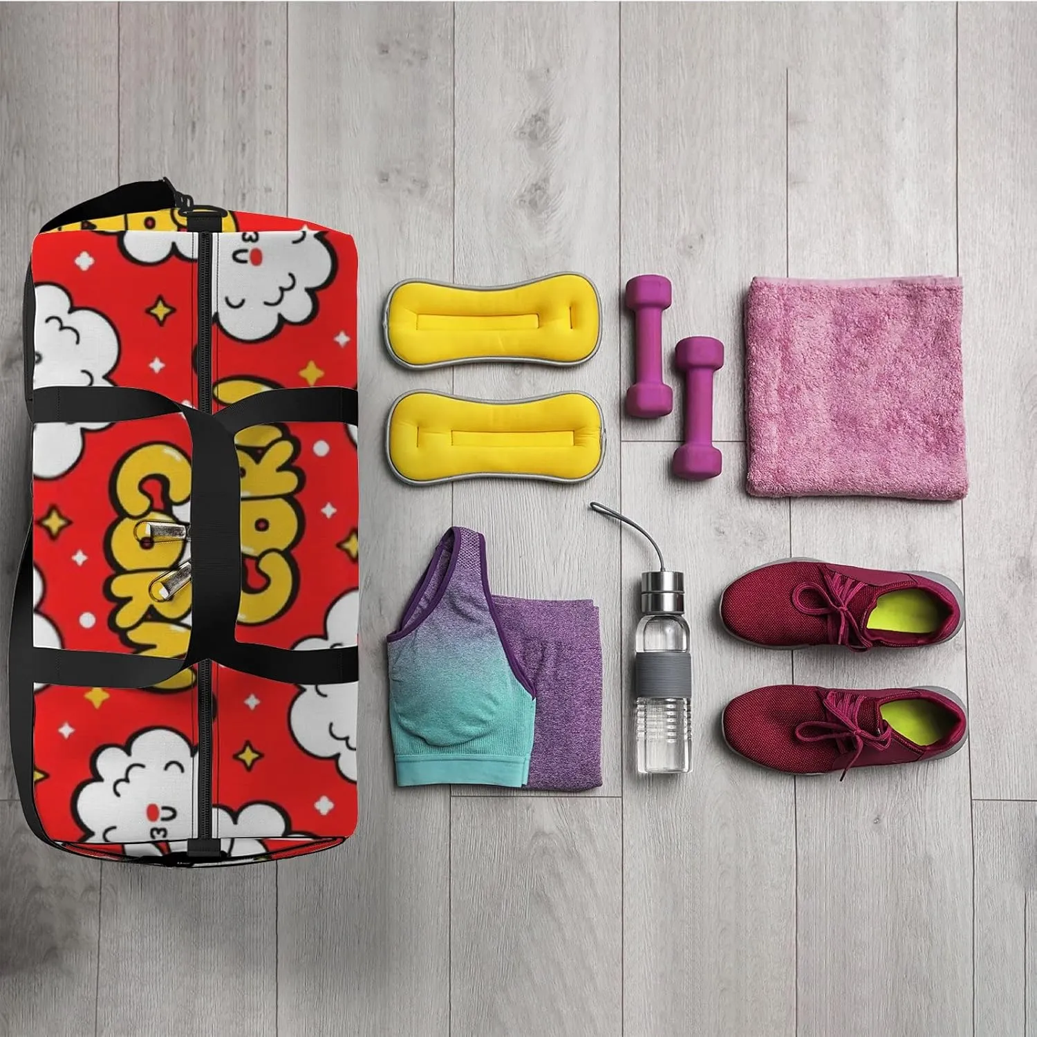 Sports Gym Bag for Women and Men Waterproof Cute Popcorn Pattern Red Duffel Bag Lightweight Carryon Traveling Boarding Gripsack