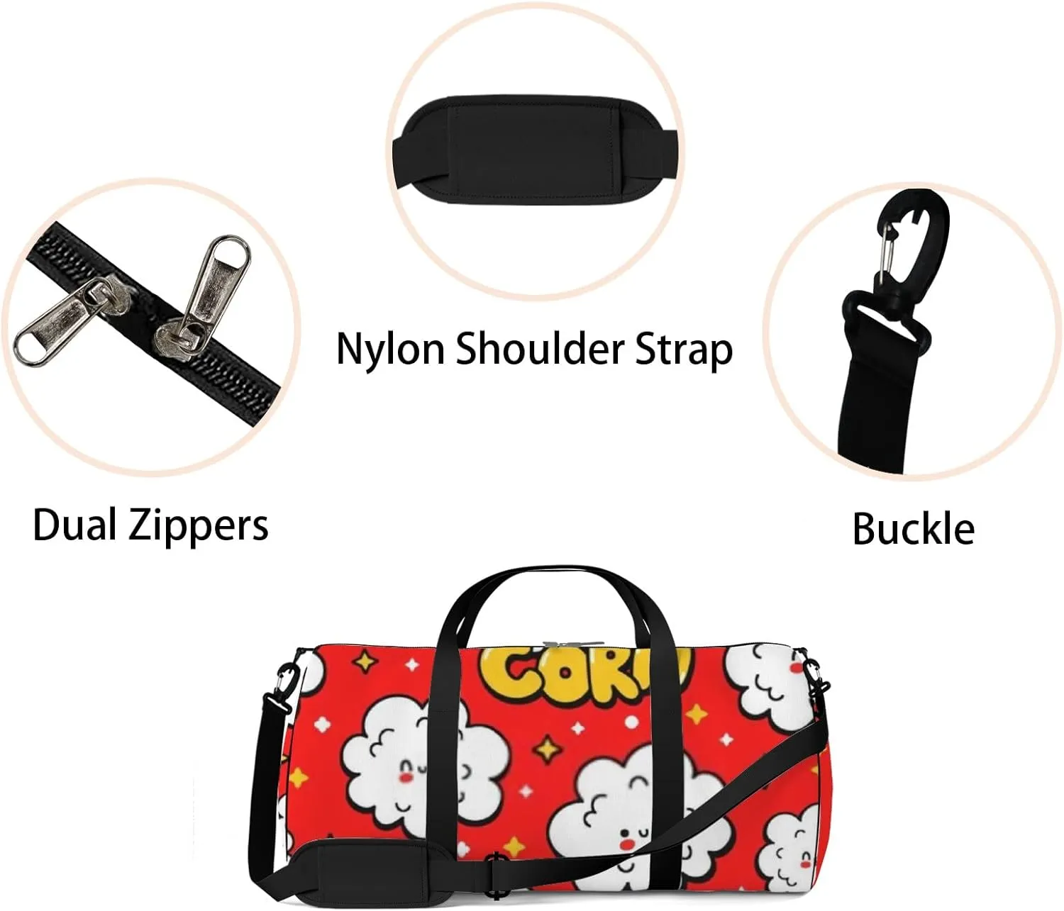 Sports Gym Bag for Women and Men Waterproof Cute Popcorn Pattern Red Duffel Bag Lightweight Carryon Traveling Boarding Gripsack