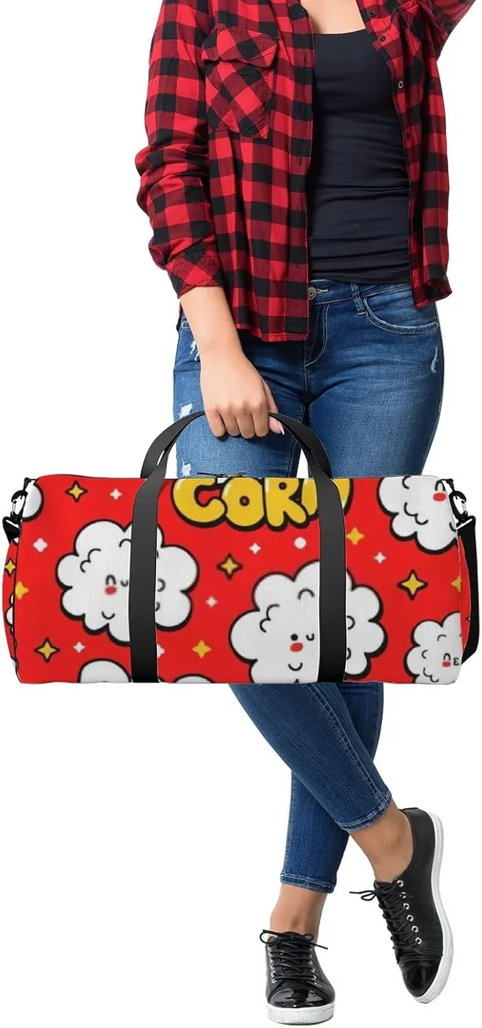Sports Gym Bag for Women and Men Waterproof Cute Popcorn Pattern Red Duffel Bag Lightweight Carryon Traveling Boarding Gripsack