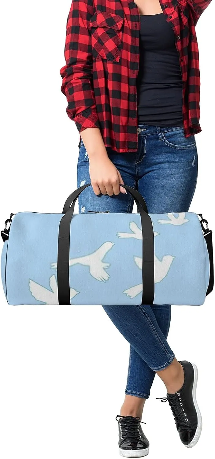 Sports Gym Bag for Women and Men Waterproof Flying Dove Bird Geometrical Cute Blue Duffel Bag Lightweight Carryon Traveling Boarding Gripsack