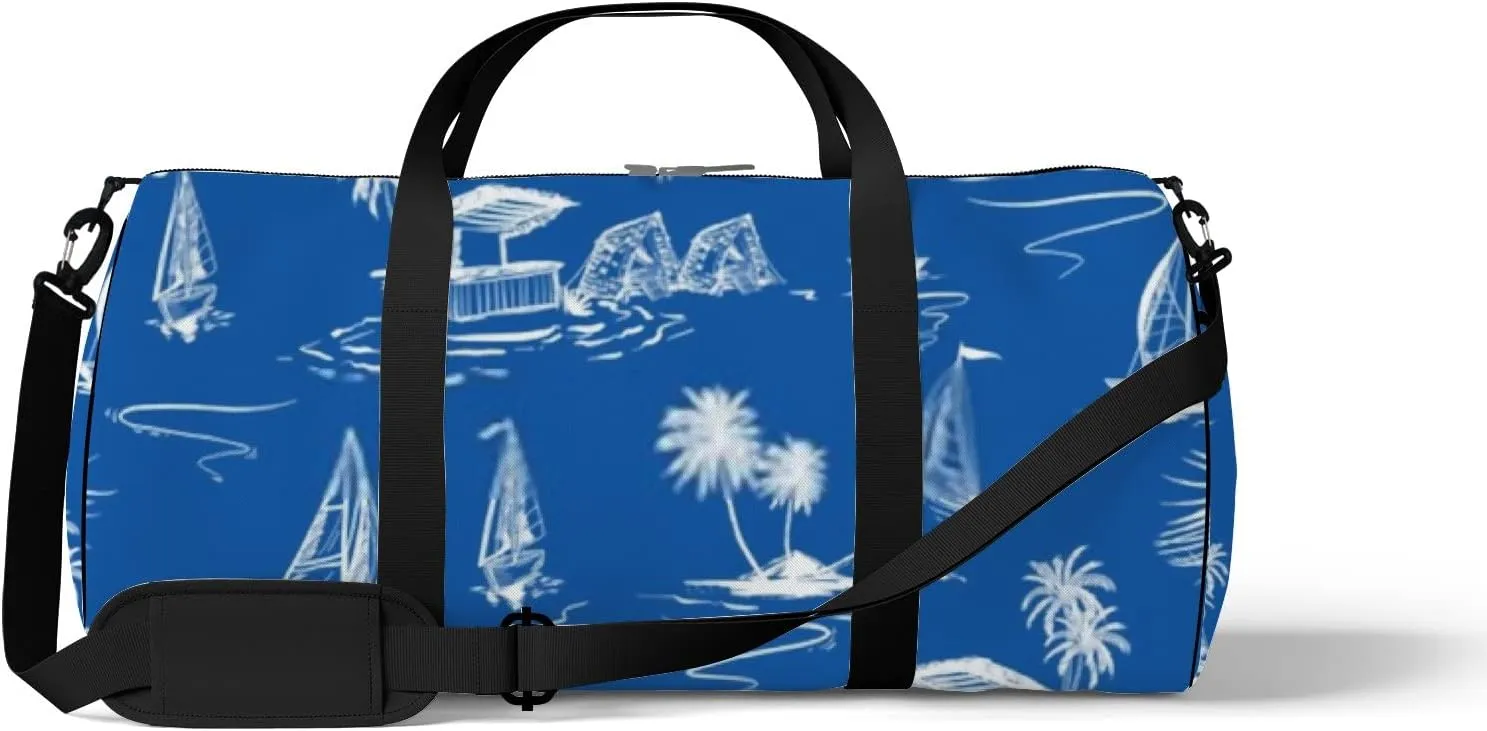 Sports Gym Bag for Women and Men Waterproof Hand Sketch Island Pattern Ocean Blue Duffel Bag Lightweight Carryon Traveling Boarding Gripsack