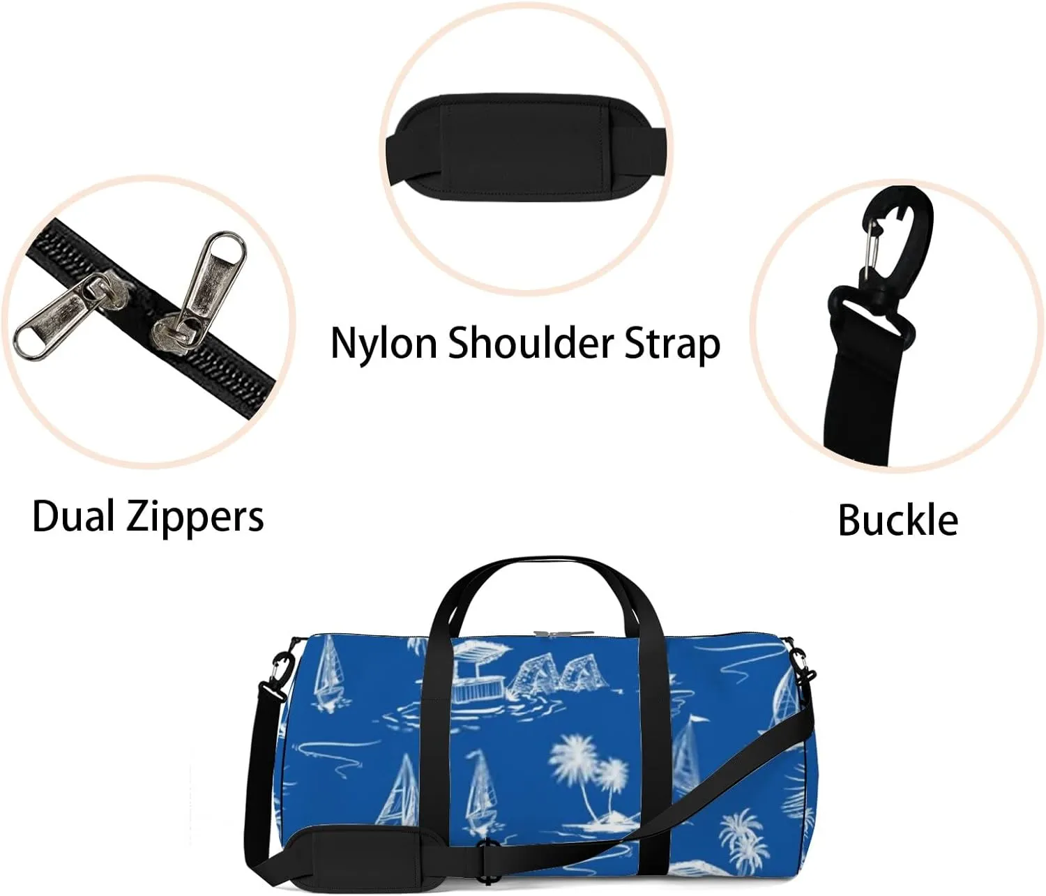 Sports Gym Bag for Women and Men Waterproof Hand Sketch Island Pattern Ocean Blue Duffel Bag Lightweight Carryon Traveling Boarding Gripsack
